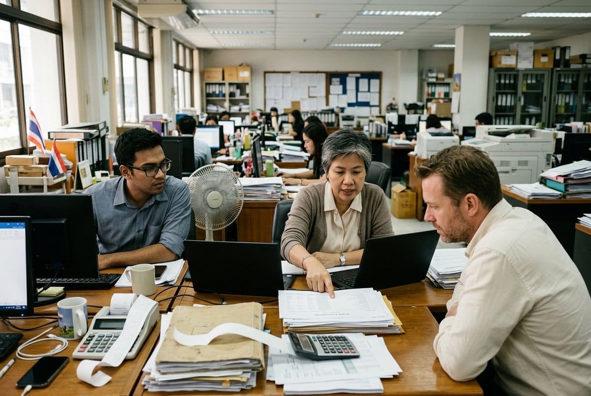 Two accountants at adjacent workstations reviewing a P&L spreadsheet in a foreign-services accounting practice.