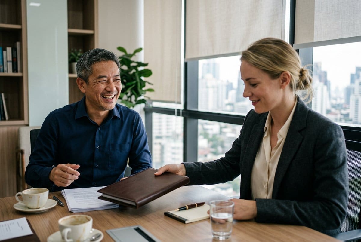 A senior partner and an associate reviewing company-registration documents in a Bangkok meeting room.