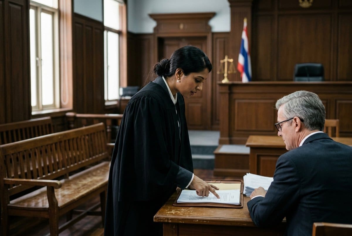 A lawyer and a foreign client at a partner's desk in a boutique Bangkok law firm with regulatory volumes behind.