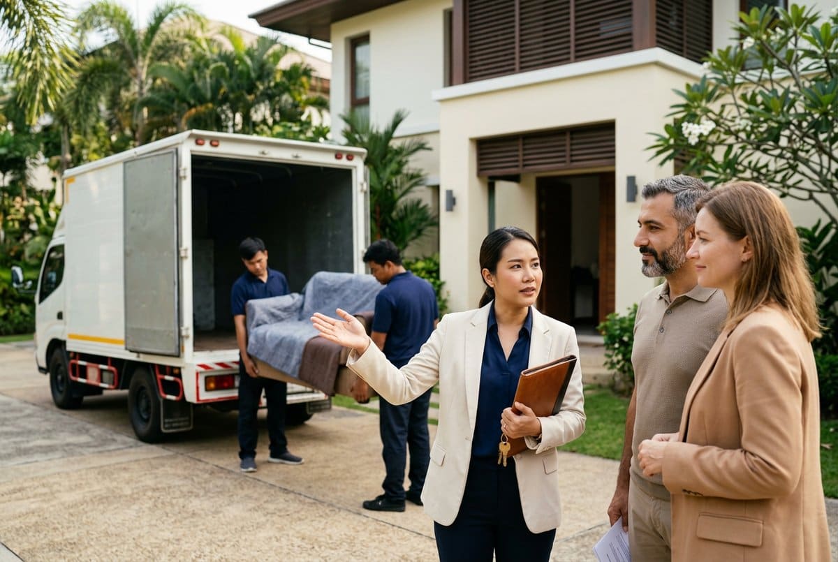 A relocation specialist handing keys and a property folio to a couple arriving at their new Bangkok residence.