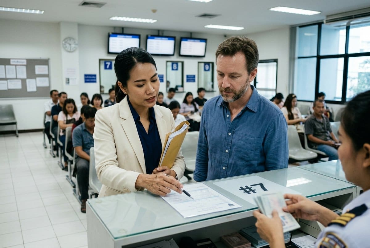 Visa consultant reviewing an application package with a foreign client across a desk in a Bangkok office.